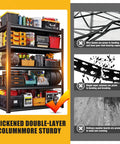 Built Like A Tank Five Tier Garage Shelving Rack With Hefty Steel Build For Boss Level Household Storage Adjustable Utility Organizer 600 Lb Capacity Black Multi Space Setup, featuring tools and containers.
