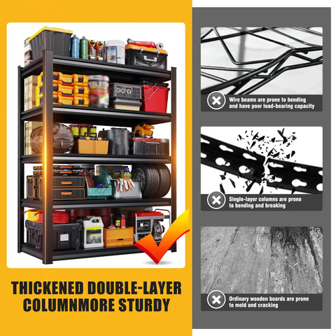 Built Like A Tank Five Tier Garage Shelving Rack With Hefty Steel Build For Boss Level Household Storage Adjustable Utility Organizer 600 Lb Capacity Black Multi Space Setup, featuring tools and containers.