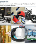 Collage displaying applications of Molex And Delphi Crimp Tool For Deutsch DT Series Terminals 24 To 14 Gauge Wire in automotive use.