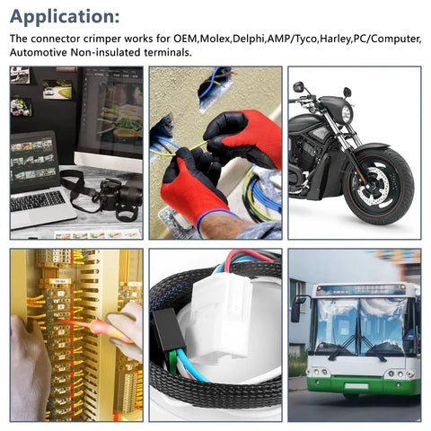 Collage displaying applications of Molex And Delphi Crimp Tool For Deutsch DT Series Terminals 24 To 14 Gauge Wire in automotive use.