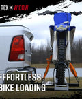 Motorcycle Hitch Carrier With Wheel Chock And Loading Ramp, Beefy Aluminum Build, 400 Lb Capacity, Anti-Rattle Design, Fits 2 Inch Receiver For Quick Trail Or Street Rides loaded with dirt bike on back of truck
