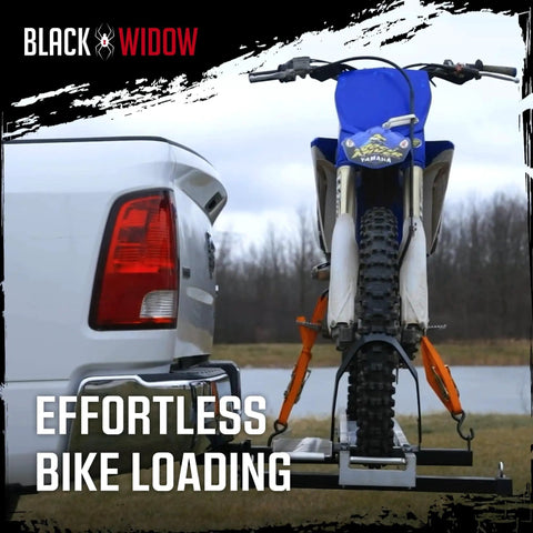 Motorcycle Hitch Carrier With Wheel Chock And Loading Ramp, Beefy Aluminum Build, 400 Lb Capacity, Anti-Rattle Design, Fits 2 Inch Receiver For Quick Trail Or Street Rides loaded with dirt bike on back of truck