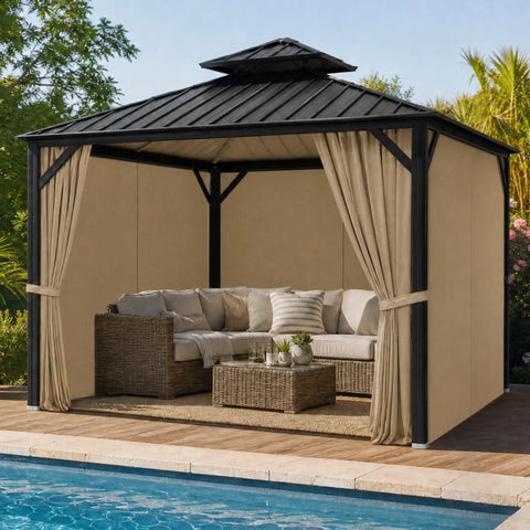 Privacy Curtain Set With Zipper For Outdoor Pavilions Four Panel Side Walls Replacement For Patio Canopy, installed view