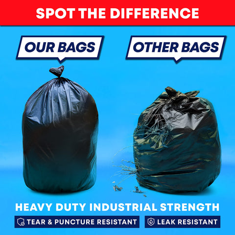 Heavy Duty Sixty Four Gallon Trash Bags Black Garbage Containers Value Pack Of Fifty With Secure Tie Tops compared to inferior bags.