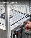 Close-up of ignition on Powerful 48,000 BTU Pyramid Patio Heater With All Stainless Steel Construction Quartz Glass Tube Propane Outdoor Heater Triple Protection System Easy Roll Wheels Built for Commercial and Residential Outdoor Use.