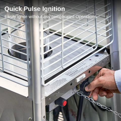 Close-up of ignition on Powerful 48,000 BTU Pyramid Patio Heater With All Stainless Steel Construction Quartz Glass Tube Propane Outdoor Heater Triple Protection System Easy Roll Wheels Built for Commercial and Residential Outdoor Use.