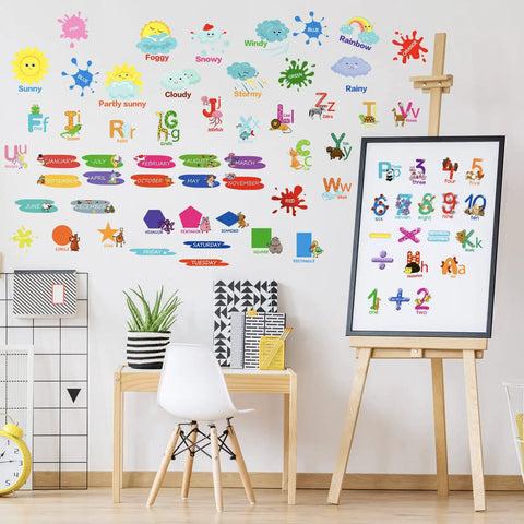 9 Sheets Animal Alphabet Wall Decals With Educational Numbers Colors Weather Shapes Seasons Months And Weeks on nursery wall