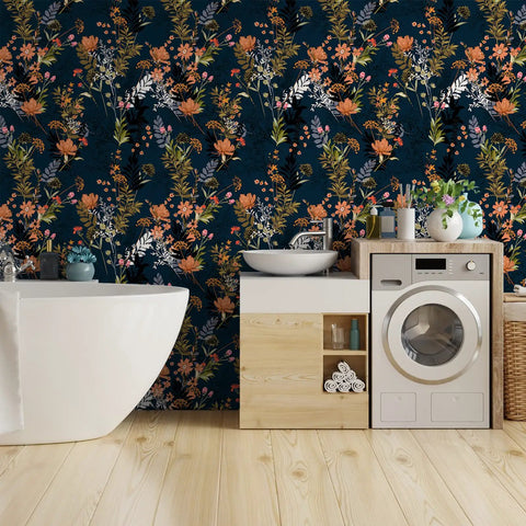 Midnight Blue Meadow Floral Peel And Stick Wallpaper For Cabinets Shelves Drawers And Walls Removable Vinyl With Matte Finish