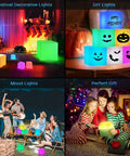 4 Inch RGB LED Cube Mood Light Tesseract Cube With 16 Color Options Waterproof IP65 Remote Controlled Night Light For Kids Nursery Bedroom And Totally Fun Gift Idea shown in various setups including holiday and outdoor scenes