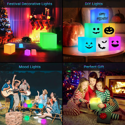 4 Inch RGB LED Cube Mood Light Tesseract Cube With 16 Color Options Waterproof IP65 Remote Controlled Night Light For Kids Nursery Bedroom And Totally Fun Gift Idea shown in various setups including holiday and outdoor scenes