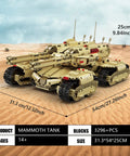 Ultra Realistic Remote Control Military Mammoth Tank Kit With 3296 Pieces on desert background showing size dimensions.