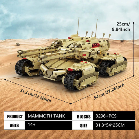 Ultra Realistic Remote Control Military Mammoth Tank Kit With 3296 Pieces on desert background showing size dimensions.