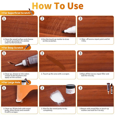 Instructions for using the Ultimate Diy Friendly Wood Floor Scratch Repair Kit with 39 piece set for scratches and holes.