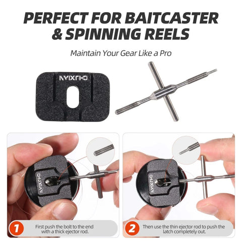 Demonstration of using 8 In 1 Fishing Reel Repair Kit With Bearing Puller Magnetic Screwdriver Wrench Tweezers Cleaning Brush Bearing Removal Pin Punch And Complete Reel Care Set For Spinning And Baitcasting Reels DIY Reel Maintenance At Home Or On The Water