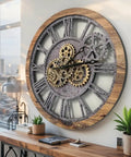 Real Moving Gear Wall Clock Vintage Industrial Home Decor Massive Rustic Farmhouse Timepiece 24 Inch Wood Panel with visible gears on wall