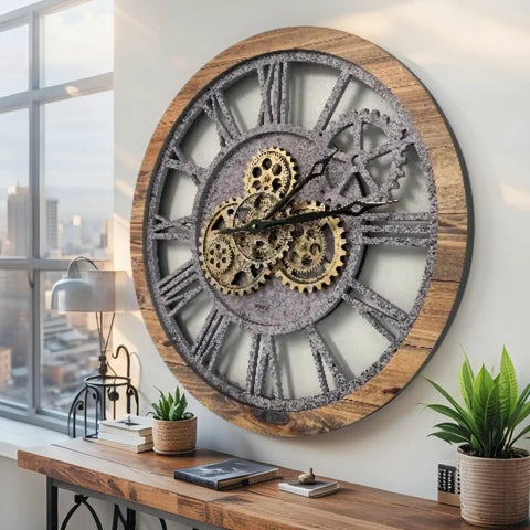 Real Moving Gear Wall Clock Vintage Industrial Home Decor Massive Rustic Farmhouse Timepiece 24 Inch Wood Panel with visible gears on wall