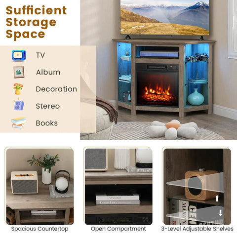Corner Electric Fireplace TV Stand With Heater And LED Lights, Easy App Control, Adjustable Shelves, Cozy Media Console