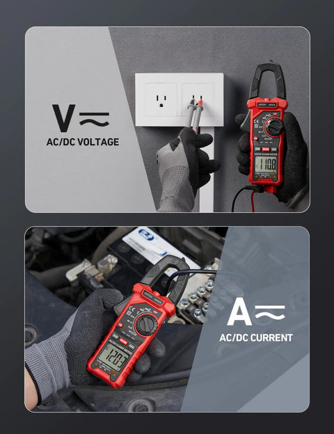 Digital Clamp Meter Multimeter With Auto-Ranging 4000 Counts For AC And DC Voltage And Current, Resistance, Capacitance, Frequency, Duty Cycle, Diode, Continuity, Live Wire NCV Test, Non Contact Voltage Detection, Pro Grade Tool For Pros And DIY testing outlet and car battery