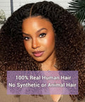 Model wearing Ombre Burmese Curly Hair Bundles 20 Inch Two Pack T1B/2/30 Chestnut Brown Ombre 100 Percent Real Human Hair