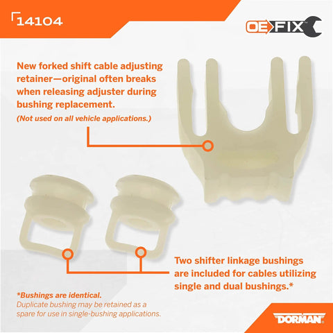 Shift Cable Bushing Kit OE Fix for Select Models shown with two identical shifter linkage bushings and forked retainer.