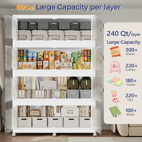 Front view of Big Ol 960 Quart Extra Large Stackable Storage Bins With Lid 4 Tier 240 Gallon Plastic Closet Organizer With Wheels And Clear Doors For Home Kitchen And Office White 4 Pack filled with household items.
