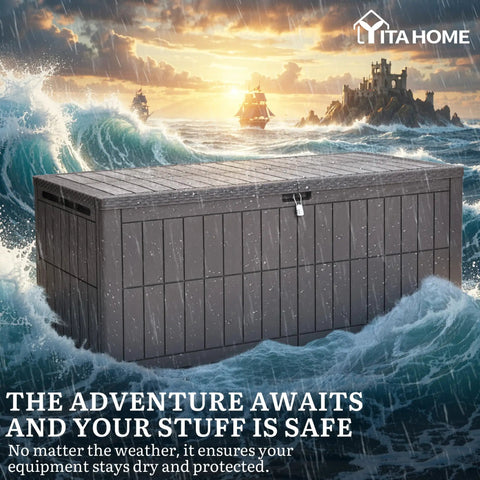 Extra Large 240 Gallon Outdoor Deck Box With Locking Lid Waterproof Resin Storage Bench Seating Built To Last For Patio Cushions Garden Tools And Pool Accessories Dark Brown with a mysterious ocean backdrop.
