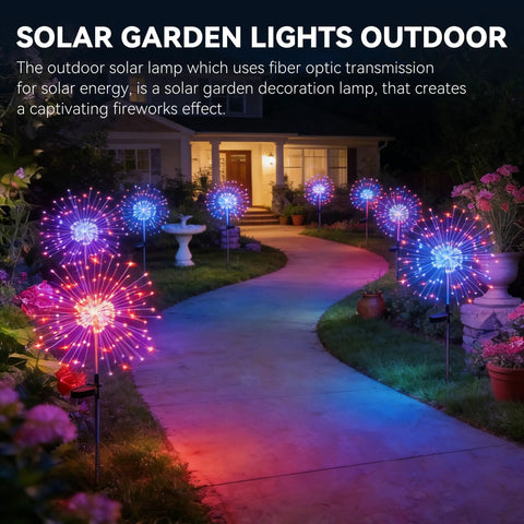 Outdoor Solar Garden Lights Waterproof 200 LED Twinkling Firework String Lights illuminating a pathway at night with 8 modes