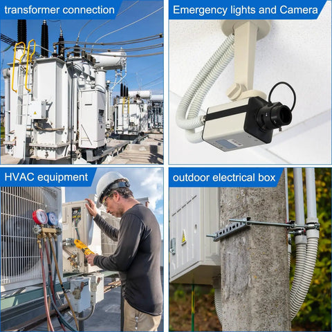 Image depicting transformer connection, emergency lights and camera, HVAC equipment, and outdoor electrical box installations.