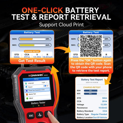 Universal 6V 12V 24V Car Battery Tester With Cloud Report For Quick Health Check Voltage Readout Charge Status And Cranking And Charging System Diagnostics In One Handy Automotive Tool, handheld screen