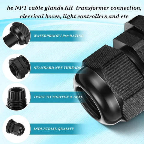 100 Pack 1/2 NPT Black Nylon Cable Glands IP68 Waterproof, with images showing threads and sealing grip for industrial use