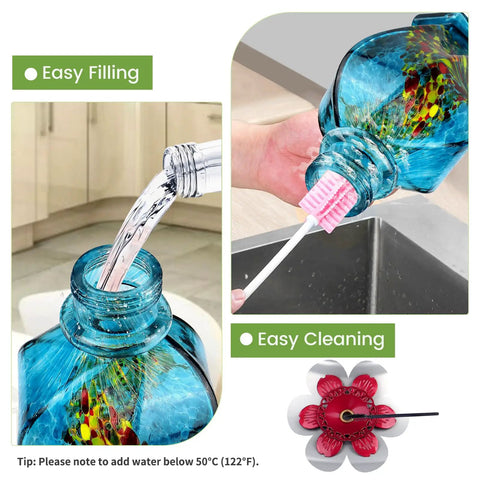 Hand Blown Glass Hummingbird Feeder With Ant Moat And Bee Proof Ports For Outdoor Hanging Leak Proof 360 Degree Perch 22 Ounce Blue Gift For Women Men Mom Dad, showing easy filling, cleaning, and bee-proof flower port.