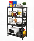 No Drama Four Tier Plastic Shelving Unit For Tight Layouts, 53 Inch Tall Vertical Rack holding groceries and microwave.