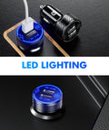 Grab And Go Dual Usb Car Charger With Fast Charge Ports Solid Cigarette Lighter Adapter showing LED lighting and dual ports.