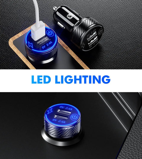 Grab And Go Dual Usb Car Charger With Fast Charge Ports Solid Cigarette Lighter Adapter showing LED lighting and dual ports.
