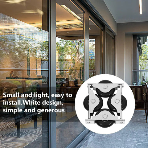 Heavy Duty Nylon Sliding Door Rollers With Precision Double Bearings For That Butter Smooth Glide And Rock Solid Durability In Glass Patio Aluminum Windows And Shower Track Systems, displayed beside a sliding door.