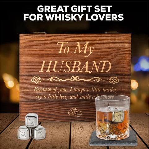 Engraved Whiskey Glass Gift Set For Husband With Whiskey Stones In A Pine Box Romantic Anniversary Present For Him