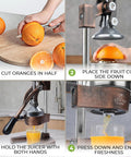 Step-by-step use of the Heavy Duty Cast Iron Citrus Juicer Press for fresh juice from oranges.