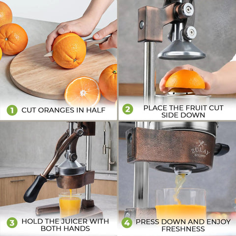 Step-by-step use of the Heavy Duty Cast Iron Citrus Juicer Press for fresh juice from oranges.