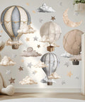 Dreamy Hot Air Balloon and Star Wall Decals Peel and Stick Vinyl Wall Stickers for Kiddo Sized Kids Room Nursery Decor Cute Balloon Moon Clouds and Stars For Boys and Girls Bedroom in neutral tones