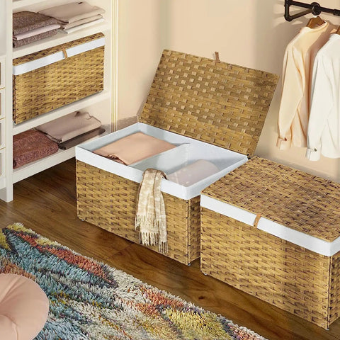 Solid Foldable Storage Basket With Heavy Duty Metal Frame And Skillfully Handwoven Exterior Featuring Smooth Cotton Lining Secure Hinged Lid Plus Ergonomic Carry Handles For Badass Bedroom Laundry Shelf Organization In Sleek Gray