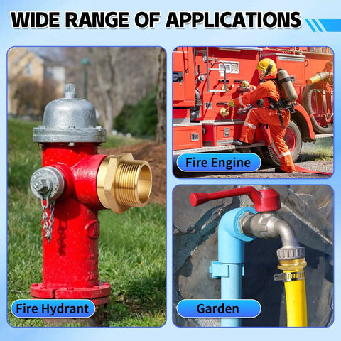 Wide range of applications for brass fire hose adapter: hydrant connector, fire engine coupling, garden hose use.