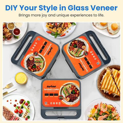 Royalcraft 3-In-1 Electric Sandwich Maker Waffle Grill And Panini Press With Non-Stick Removable Plates 1000W Power Blue Design on countertop.