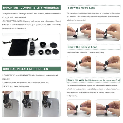 3 In 1 Clip On Phone Lens Kit With 180 Degree Fish Eye, 0.65x Wide Angle And 10x Macro showing lens installation on smartphone