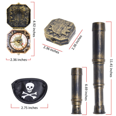 Pirate Themed Telescope And Compass Prop Set With Eye Patch For Themed Parties Stage Plays And Cosplay Vintage Treasure Sundial Accessory For Ship Captain Decor Durable Plastic Props For All Ages. 3-piece pirate prop set with 11.41-inch telescope, compass and eye patch