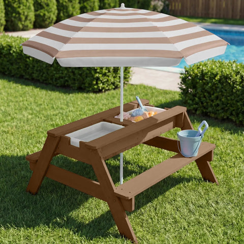 Kid Friendly Picnic Table With Umbrella And 3 In 1 Sand And Water Table For Toddlers, Outdoor Convertible Picnic Set That Seats Four