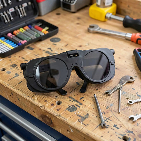 Premium Heavy Duty Industrial Double Lens Welding Goggles on a workbench with tools, featuring anti glare optics.