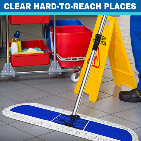 Pro Level Commercial Dust Mop Featuring A Telescopic Stainless Handle And Hella Absorbent Blue Cotton Pad For Quick Floor Sweep And Tight Dust Removal On Hardwood Floors Today on tiled floor with cleaning cart.