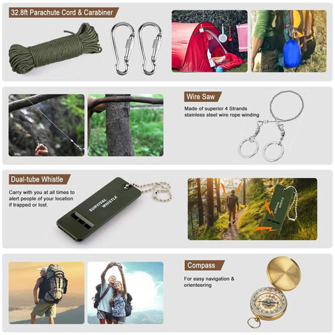 238Pcs Emergency Survival Kit with olive paracord, Molle pouch, carabiners, wire saw, whistle, and compass