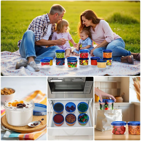Sixteen Ounce Freezer Storage Containers Set With Twist Top Lids Round Plastic Food Storage Jars shown in various use scenarios
