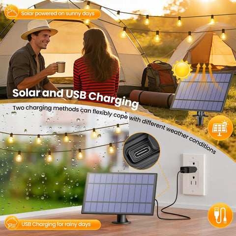 Bold 25 Foot Solar Powered String Lights Outdoor Waterproof With 11 Shatterproof G40 LED Bulbs and solar USB Charger